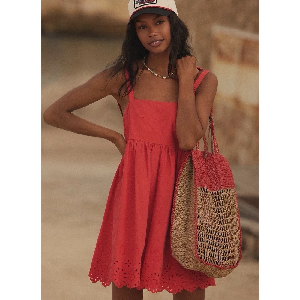 Anthropologie Maeve Eyelet Romper XS Red Cotton Cottagecore Coquette Shorts Cute